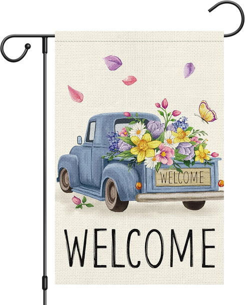 Welcome Spring Garden Flag 12x18 Double Sided Vertical Burlap Retro Truck Floral Garden Flags Summer Butterfly Yard Flags for Seasonal Outside Out...