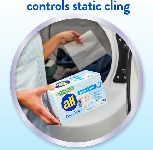 all Fabric Softener Dryer Sheets for Sensitive Skin, Free Clear, 195 Count...