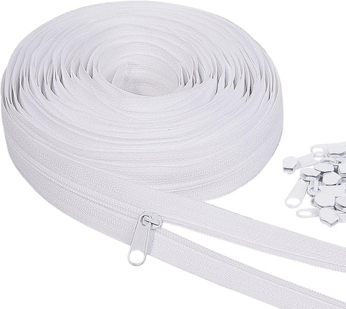MiniRed 10Yards White Nylon Coil Zipper by The Yards, #3 Bulk Zippers for DIY Sewing Craft Bags with Replacement 20PCS Sliders (#3 White)...