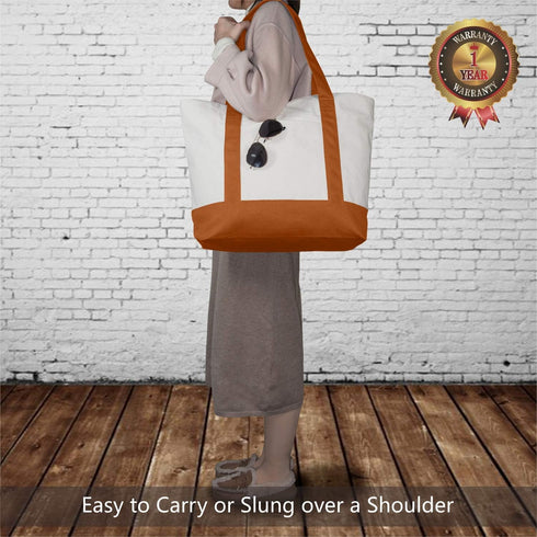 TOPDesign 1-Pack Canvas Tote Bag with an External Pocket, Reusable Grocery Shopping Bag, Top Zipper Closure, Daily Essentials (Orange/Natural)...
