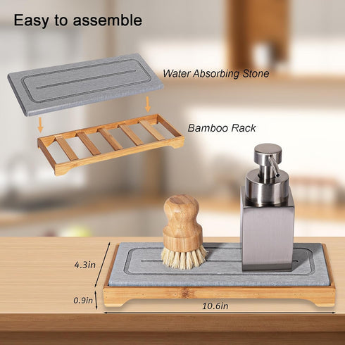 Sponge Holder Quick Dry Kitchen Sink Caddy Diatomaceous Earth Stone Drying Mat Bathroom Countertop Organizer Soap Dish Tray for Counter, Vanity, B...