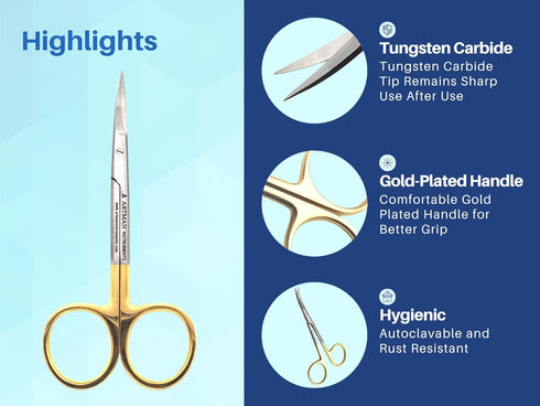 Scissors 4.5 inches Curved with Tungsten Carbide Inserts| Gold Plated Handle Extra Sharp and Durable by ARTMAN INSTRUMENTS...