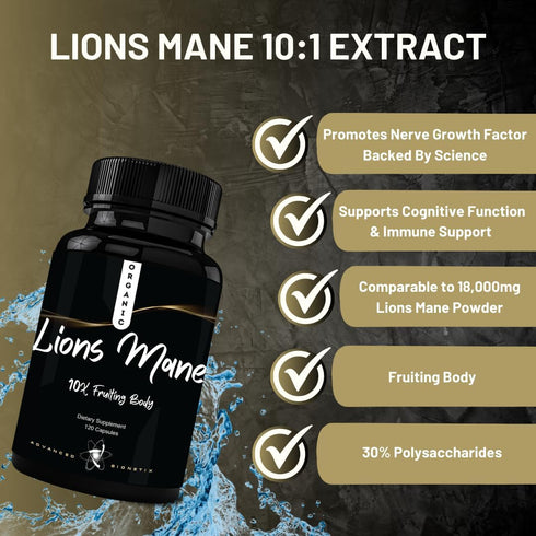 Organic Lions Mane Supplement 120 Capsules. Brain Support Nootropic Immune System Support Mushroom Supplement. 10X Extract Similar to 18,000mg, Co...