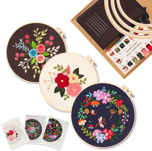 GOKURVG Embroidery Starter Kit with Floral Pattern and Instructions Hoops Floss Threads Needles,3 Pack Cross Stitch Kits Embroidery Kit for Adults...