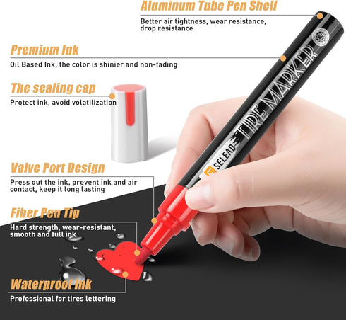 Tire Marker White Red - 8 Pack Paint Pens for Car Tires Lettering, Premium Professional Oil Based Ink, Waterproof Quick Drying Non-Fading Permanen...