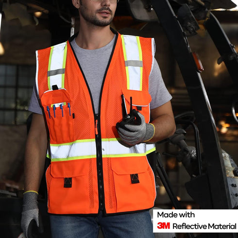 Reflective Safety Vest Orange Mesh, Made with 3M Reflective Tape, Heavy Duty Vest with ID pocket, Padded Neck, Orange L...