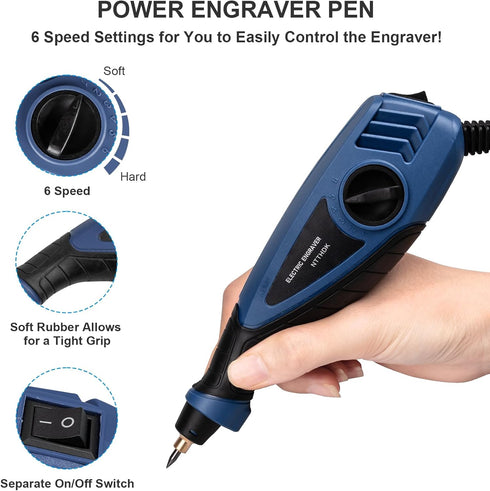 25W Engraving Pen, 6 Speed Power Engraving Tool, Handheld Engraver Pen with Tungsten Carbide Steel Bits for Wood Metal Glass Professional Etching ...