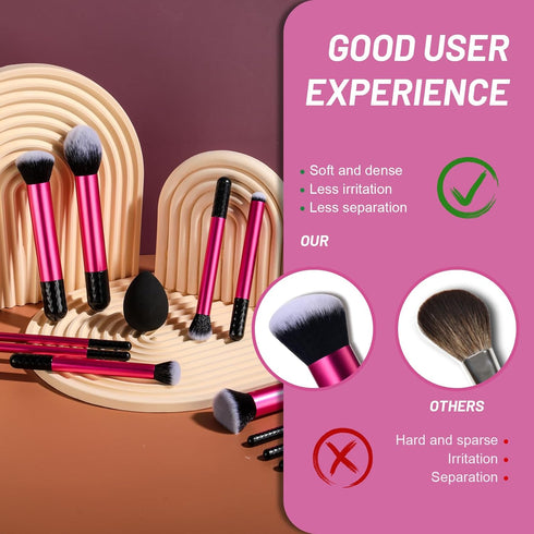 BS-MALL Makeup Brushes 16 Pcs Purple Short Handle Travel Makeup Brus Set with 1 Triangle Puff (HotPink)...