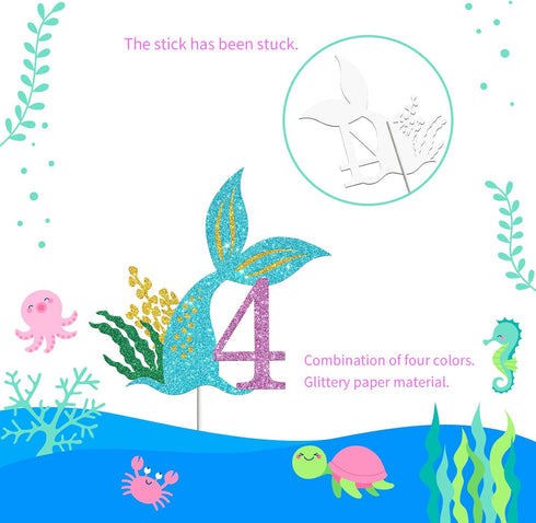 Mermaid Four Cake Topper, Happy 4th Birthday Cake Decor, I'm Four Sign, Little Mermaid Birthday Party Decoration Supplies, Daughter of the Sea, Un...