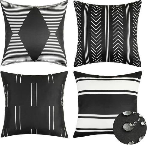 Adabana Outdoor Waterproof Pillow Covers 18x18 Inch Set of 4 Black and White Modern Geometric Throw Pillows Cover Decorative Boho Pillow Covers fo...