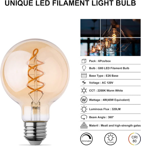 6 Pack LED Edison Bulbs, Dimmable G25 LED Bulb, 2200K Warm White, E26 Base, 4W(40W Equivalent), 320LM, Amber Glass, Patented Flexible LED Spiral F...
