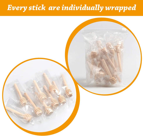 Premium 50-Pack 3 Inch Mini Wooden Honey Dipper Stick, Individually Wrapped,Pefect for Wedding Shower Party Favors Honey Jar spoon or Honey Wands ...