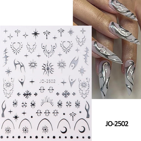 Laser Silver Nail Art Sticker Decal Sun Moon Butterfly Design Nail Decals 3D Self-Adhesive Nail Art Supplies Love Heart Flower Flame Nail Art Stic...