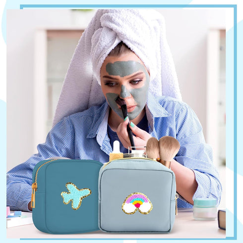Zubebe 6 Pcs Preppy Patch Cute Makeup Bags Toiletry Bags Skincare Bag Chenille Letter Nylon Bag for Purse Small Zipper Cosmetic Makeup Pouch Prepp...