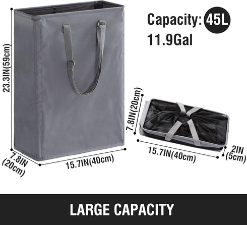 Slim Laundry Hamper with Adjustable Long Handles, 45L Small Laundry Baskets with Mesh Top, Narrow Dirty Clothes Hamper for Bedroom, Closet, and Ba...