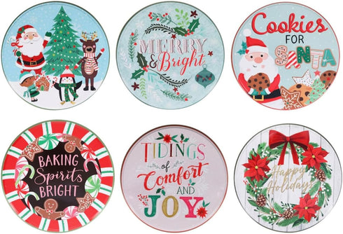 Round Nesting Tins With Holiday Print Designs Bundle of 2 Round Metal Tins with Lids for Cookies, Candy, Food Presents - 1- 6 and 3/4 Inches and 1...