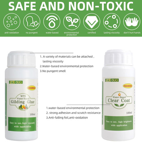 Gold Leaf Adhesive Set, 100ml Water Based Metal Leaf Glue and 100ml Protective Varnish, Gold Leaf Sheets 100 pcs, 2 Brushes, for Craft, Painting a...