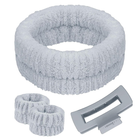 4Pcs Gray Spa Headband and Face Washing Wristbands Set, Skincare Headband Face Wash Headband Makeup Headband, Hair Claw Clip Skin Care Headband fo...
