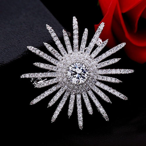 Sparkling Silver Tone Micro Pave Round Shaped Burst Star Brooches Collar Lapel Pins Atomic Jewelry...