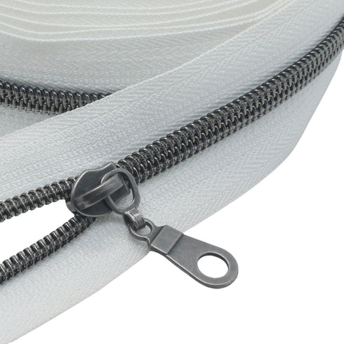 MebuZip #5 Gunmetal Metallic Nylon Coil Zippers by The Yard Bulk Coil Zipper Roll 10 Yards with 25pcs Pulls for DIY Sewing Craft Bags (White)...