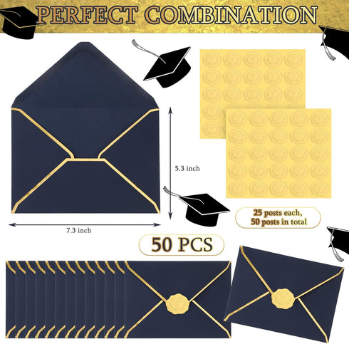 50 Pcs A7 Envelopes 5 x 7 Card Envelopes and 50 Pcs Gold Embossed Wax Seal Envelopes Self Adhesive V Flap Envelopes with Gold Border for Graduatio...
