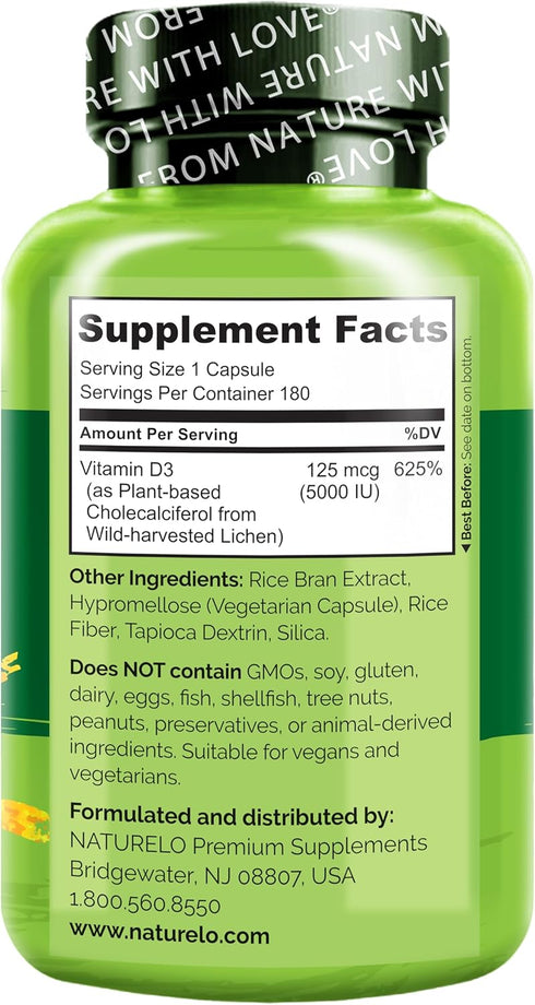 NATURELO Vitamin D - 5000 IU - Plant Based from Lichen - Natural D3 Supplement for Immune System, Bone Support, Joint Health - High Potency - Vega...