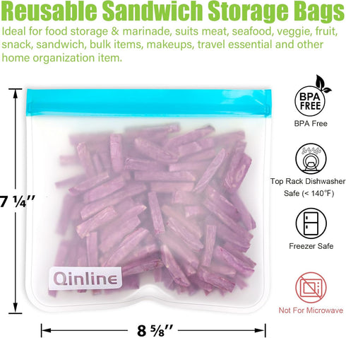 Qinline Reusable Food Storage Bags - 10 Pack Dishwasher Safe Freezer Bags, BPA Free Reusable Bags Silicone, Leakproof Reusable Lunch Bag for Salad...