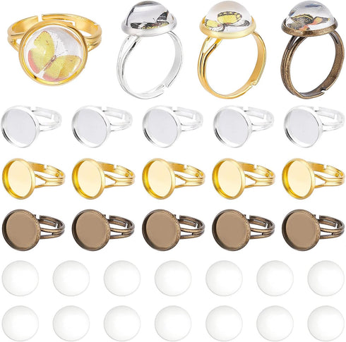 SUNNYCLUE DIY 1 Box 60Pcs Adjustable Ring Base Cabochon Rings Making Kit 30Pcs Finger Rings Blanks Blank Ring Bases Tray 30Pcs 12mm Flat Round Gla...