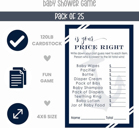 Paper Clever Party Anchor Baby Shower Games for Boys - 25 Cards - Guess The Price is Right - Nautical Themed Baby Shower Activities for Guests - 4...