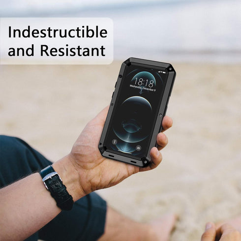 Lanhiem for iPhone 12 Pro Max Metal Case, Heavy Duty Shockproof Tough Rugged Case with Built-in Glass Screen Protector, 360 Full Body Dust Proof P...