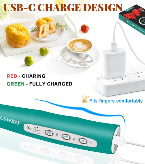 YUSWKO Milk Frother Handheld for Coffee, Rechargeable Drink Mixer with 3 Heads 3 Speeds Electric Coffee Frother Whisk, Gift for Many Occasions and...