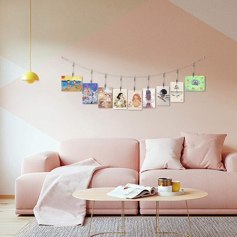 Metal Wall Hanging Photo Display, Steel Wall Hanging Display Cable Wire Rod with 12PCS Alligator Clips, Picture Holders for Postcards and Artworks...