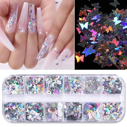 Nail Art Glitter Sequins Nail Art Supplies 12 Grids Holographic Laser Silver Nail Decals 3D Butterfly Letter Heart Nail Art Stickers for Acrylic N...