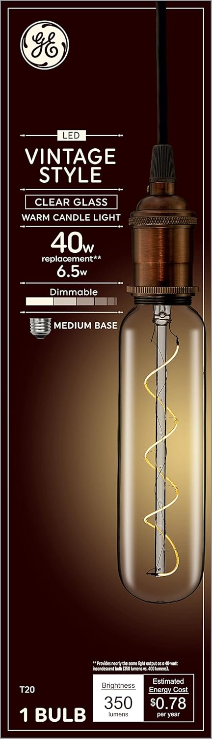 GE Vintage Style LED Light Bulb, 40 Watt, Clear Finish, T20 Tube Light Bulb (1 Pack)...