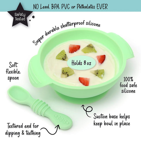 PrimaStella Unbreakable Silicone Non-Slip Bowl and Chew Spoon Set for Babies and Toddlers (Green)...