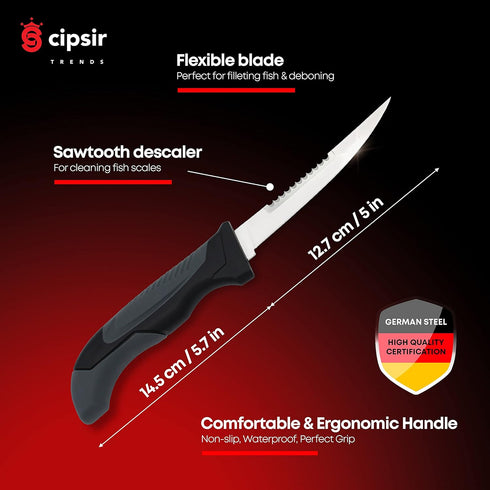 Meat and Fish Fillet Knife - Curved salty water resistant german 5 inch steel blade with sheath, sharpener and gift box, ideal for filleting and d...