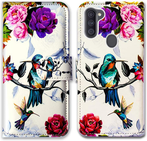 Case for Galaxy A11 (US Version), Hummingbird in Flowers Leather Flip Wallet Case Cover with Card Slot Holder Kickstand for Samsung Galaxy A11 202...