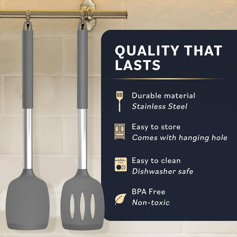 Home Hero Silicone Spatula Set with Ergonomic Handles - Stainless Steel High Heat Resistant Solid & Slotted Turner, BPA Free Non Stick Kitchen Ute...