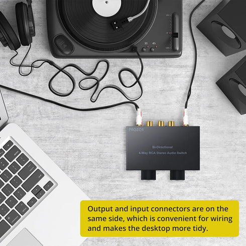 PROZOR RCA Switch 4 Way Bi-Directional RCA Splitter with Volume Control and Switch Button, RCA Audio Selector with No Power Supply Needed for DVD ...