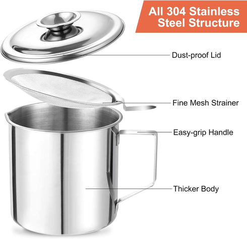 Bacon Grease Container with Stainless Steel Grease Strainer Perfect As Pan Grease Holder, Cooking Oil Keeper and Storage(1.25 Quart | 5 Cups)...