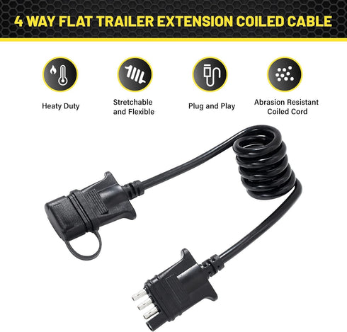 Oyviny 4 Way Flat Trailer Extension Coiled Cable 3 Feet Stretchable 18AWG Vehicle-Side and Trailer-Side 4-Pin Trailer Wiring Harness Pure Copper W...