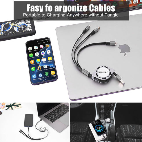 2Pack 4ft Multi-USB Charger Cable Retractable 3-in-1 Multi-Charging Cable Adapter with Type-C/IP/Micro USB Port Connector, Compatible with Cell Ph...