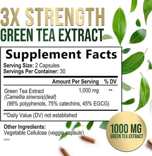 Green Tea Extract Capsules 1000mg 98% Standardized EGCG - 3X Strength for Natural Energy - Heart Support with Polyphenols - Gentle Caffeine - 60 C...