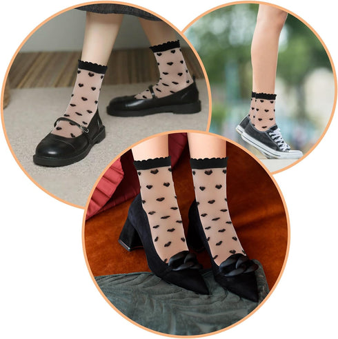 6 Pairs Sheer Ankle Socks Women Lace Heart Ruffle Socks Summer Ultra Thin Transparent Socks See Through Frilly Socks Clear Tulle Mesh Socks for Wo...