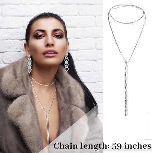 MTLEE 6 Pieces Women Crystal Jewelry Set Rhinestone Layered Choker Necklaces Long Tassel Necklaces Crystal Bracelet Cuff Bangles Diamond Tassel Da...