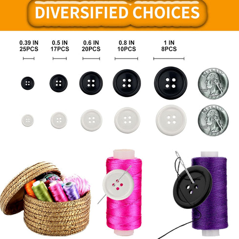 162 PCS Mixed Resin Sewing Buttons, Eco-Friendly 1 inch Buttons with Compartmentalized Storage Box Black Buttons, 4 Holes 5 Sizes DIY White Button...