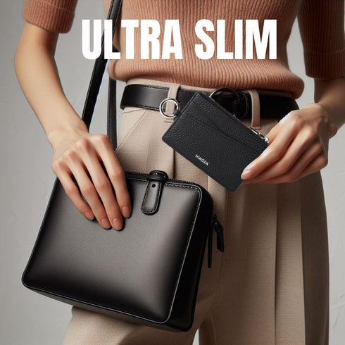 Slim Card Wallet with Keychain for Women & Men, Genuine Leather Credit Card Holder, Small Front Pocket Wallets with Coin Pouch, Black, Ultra Thin,...