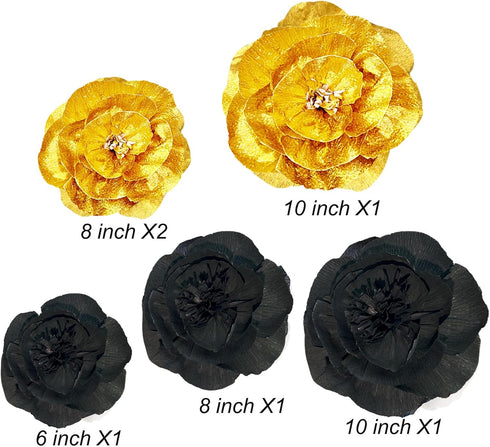 3D Paper Flowers Gold Black Graduation Craft Paper Flowers,6PCS Paper Pom Pom Backdrop Photo Booth for Baby Shower Decor Centerpiece Wedding Birth...