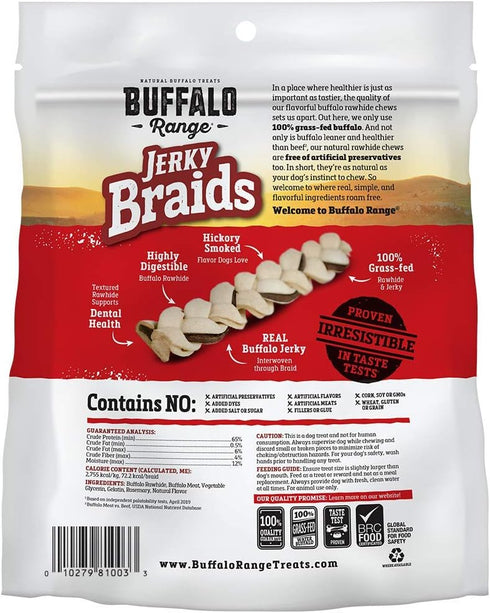 Rawhide Dog Treats | Healthy, Grass-Fed Buffalo Jerky Raw Hide Chews | Hickory Smoked Flavor | Jerky Braids, 10 Count...