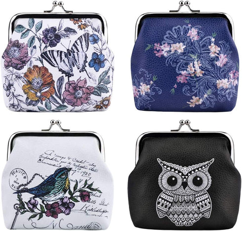 Oyachic 4 Packs Floral Coin Purses,Kiss Lock Change Pouch,Owl Leather Wallet,Butterfly Money Bag,Animal Key Holder Bird Trinkets Pouch for Women...